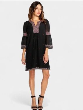Johnny Was Women's Ava Flare Sleeve Tunic Dress Black L Embroidered Boho Gypsy